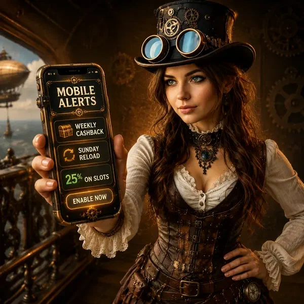 Aventurière steampunk vérifiant les alertes mobiles pour les notifications de bonus de l'Application Casino VinciSpin sur le pont