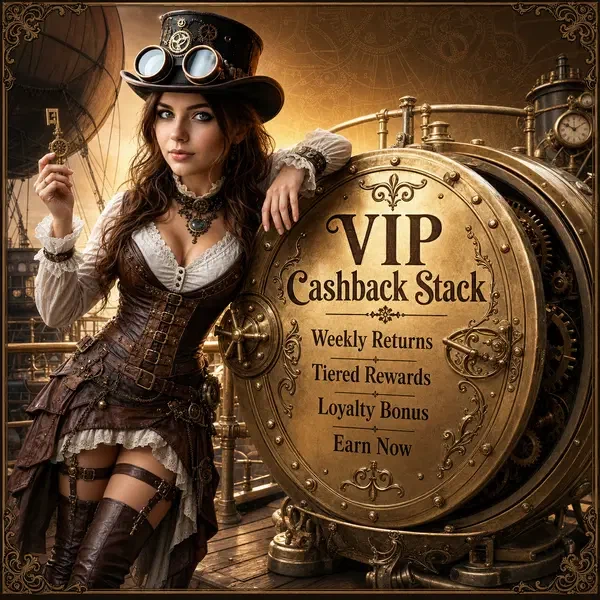 Aventurière steampunk examinant le coffre-fort VIP Cashback Stack avec engrenages en laiton dans une salle de bonus pleine d'aventure
