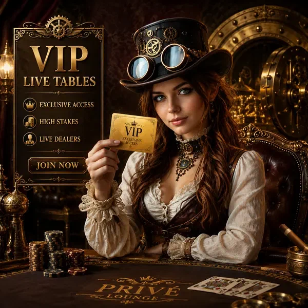 Avventuriera sicura ai Tavoli Live VIP che tiene carta dorata in lounge steampunk esclusivo