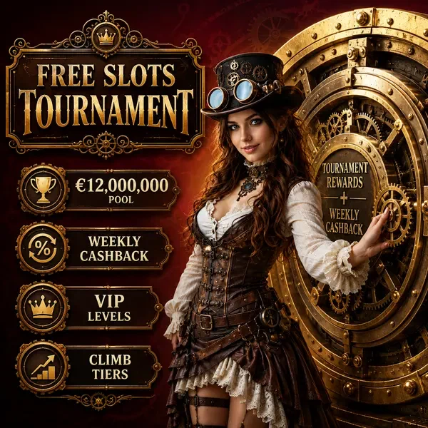 Aventurière steampunk opérant un coffre-fort doré avec engrenages en laiton au tournoi de machines à sous gratuites VinciSpin