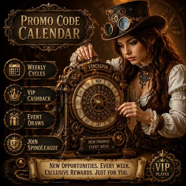 Aventurier steampunk examinant le calendrier des codes promo en laiton à la chambre au trésor VinciSpin
