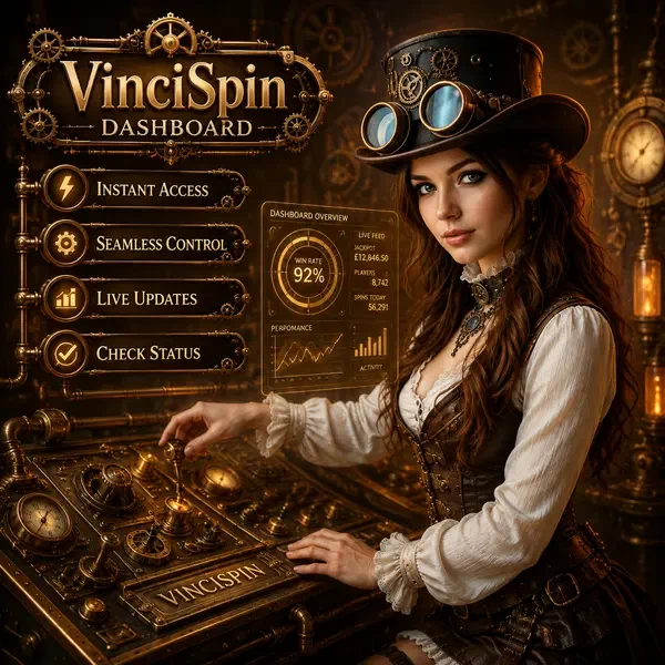 Joueur accédant au Tableau de Bord VinciSpin avec interface de contrôle fluide