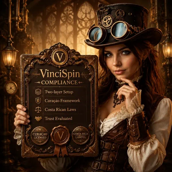 Aventurière Steampunk examinant le certificat de conformité VinciSpin avec des sceaux en laiton et des volutes victoriennes