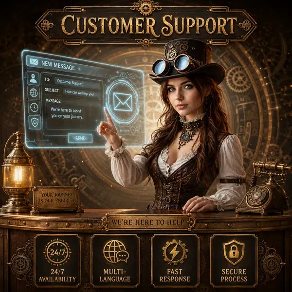Aventurière steampunk au bureau de support client VinciSpin avec interface holographique prête à aider