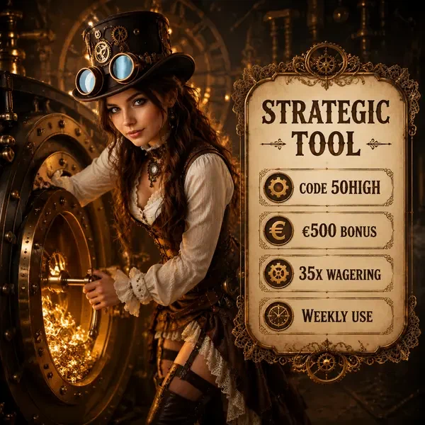 Aventurière steampunk déverrouillant le coffre-fort du code High Roller 50HIGH à la chambre de jeu éclairée en laiton