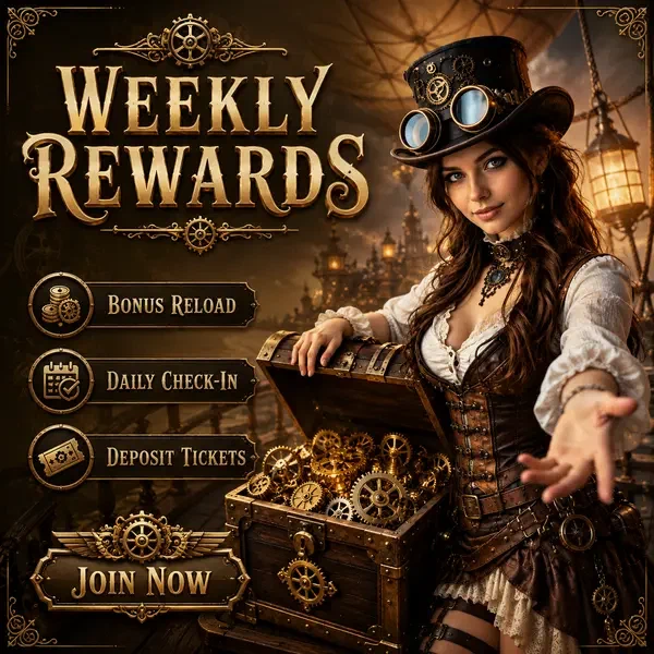 Aventurière steampunk découvrant les trésors de bonus de rechargement hebdomadaire à sa station de dirigeable