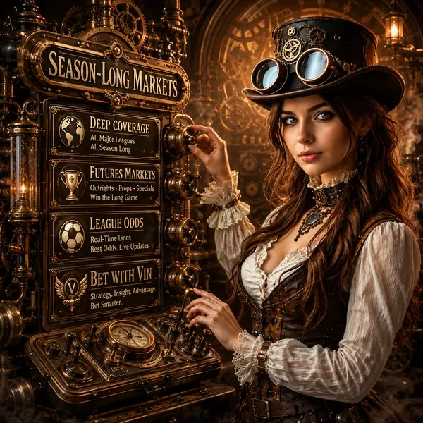 Aventurière steampunk ajustant l'interface de paris sportifs en laiton aux marchés de saison et paris secs de championnat