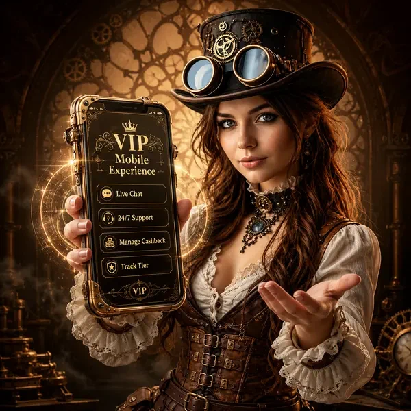 Aventurier steampunk utilisant l'application VIP Mobile Experience pour le support 24/7 aux tables de jeu exclusives