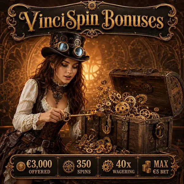 Aventurier steampunk déverrouillant le trésor bonus VinciSpin avec une clé en laiton alors que des engrenages dorés se déversent