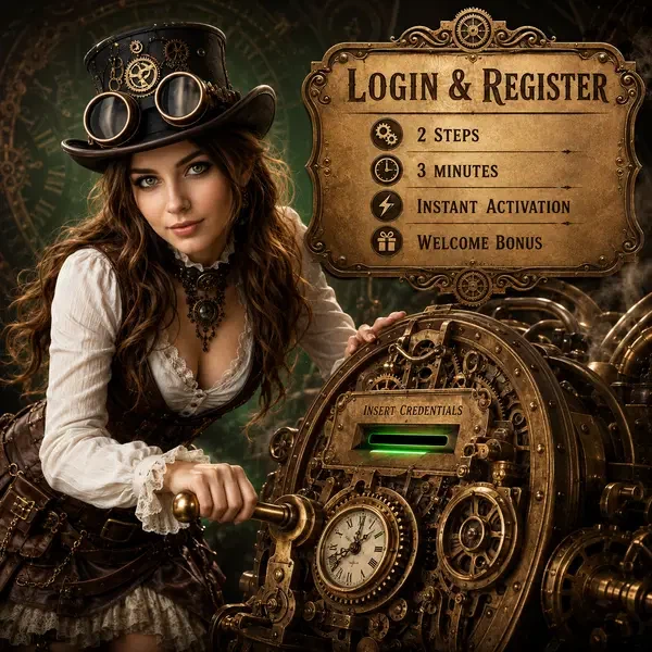 Aventurière steampunk actionnant un mécanisme d'horlogerie en laiton alors qu'un nouveau joueur s'inscrit au portail VinciSpin