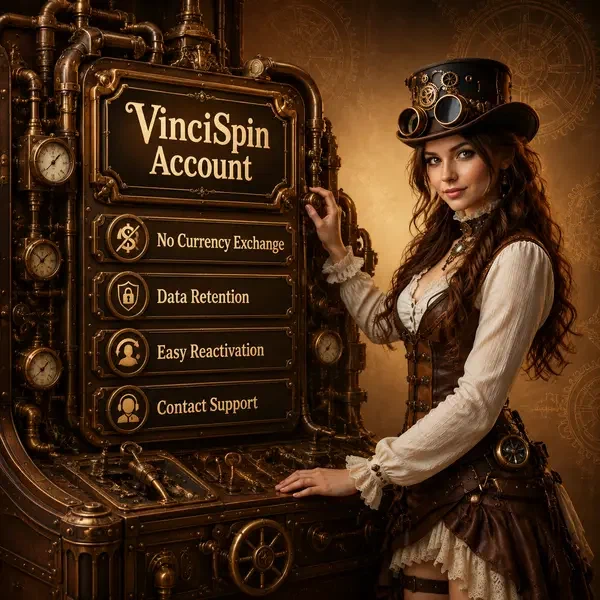 Tableau de bord du compte personnel VinciSpin Casino avec interface de panneau de contrôle steampunk