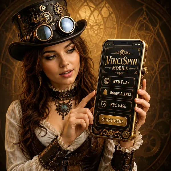 Aventurière steampunk découvrant les fonctionnalités de l'application mobile VinciSpin sur un écran de smartphone accentué de laiton