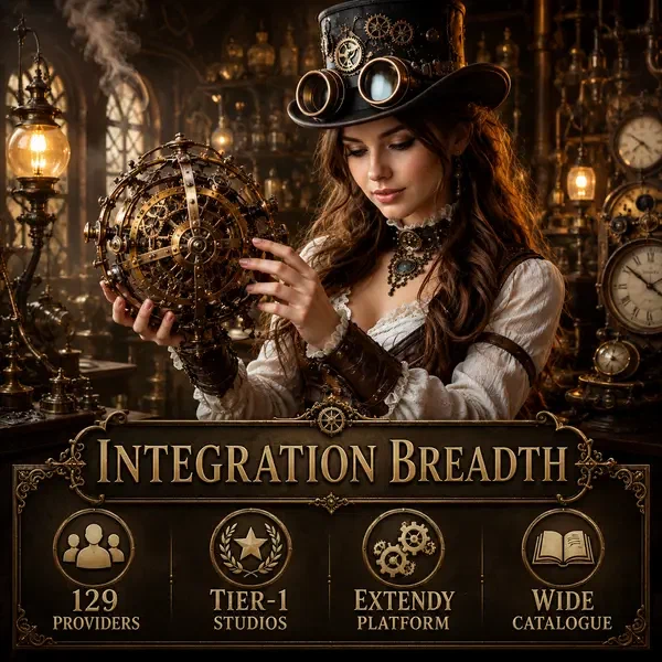 Aventurière steampunk examinant un dispositif d'horlogerie complexe représentant l'étendue d'intégration de VinciSpin avec 129 fournisseurs
