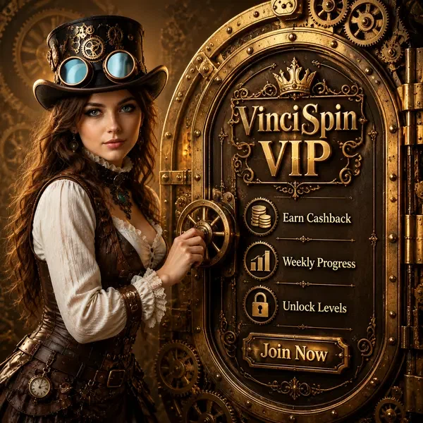 Une aventurière steampunk déverrouillant le coffre-fort de fidélité VIP VinciSpin avec des récompenses exclusives et du cashback